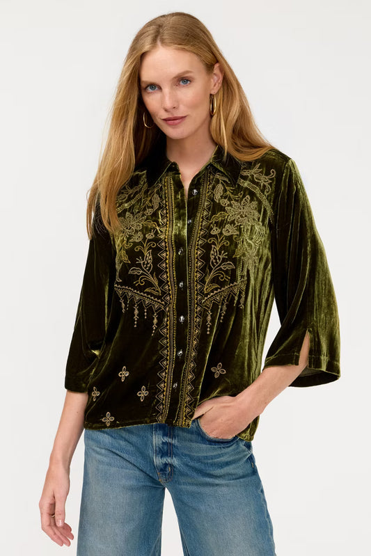 Johnny Was Kimono Laike Sleeve Button Down evergreen