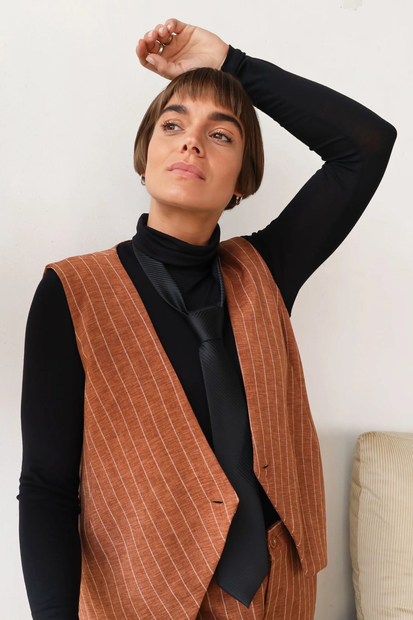 Black Colour Chicago Vest Camel Stripe
