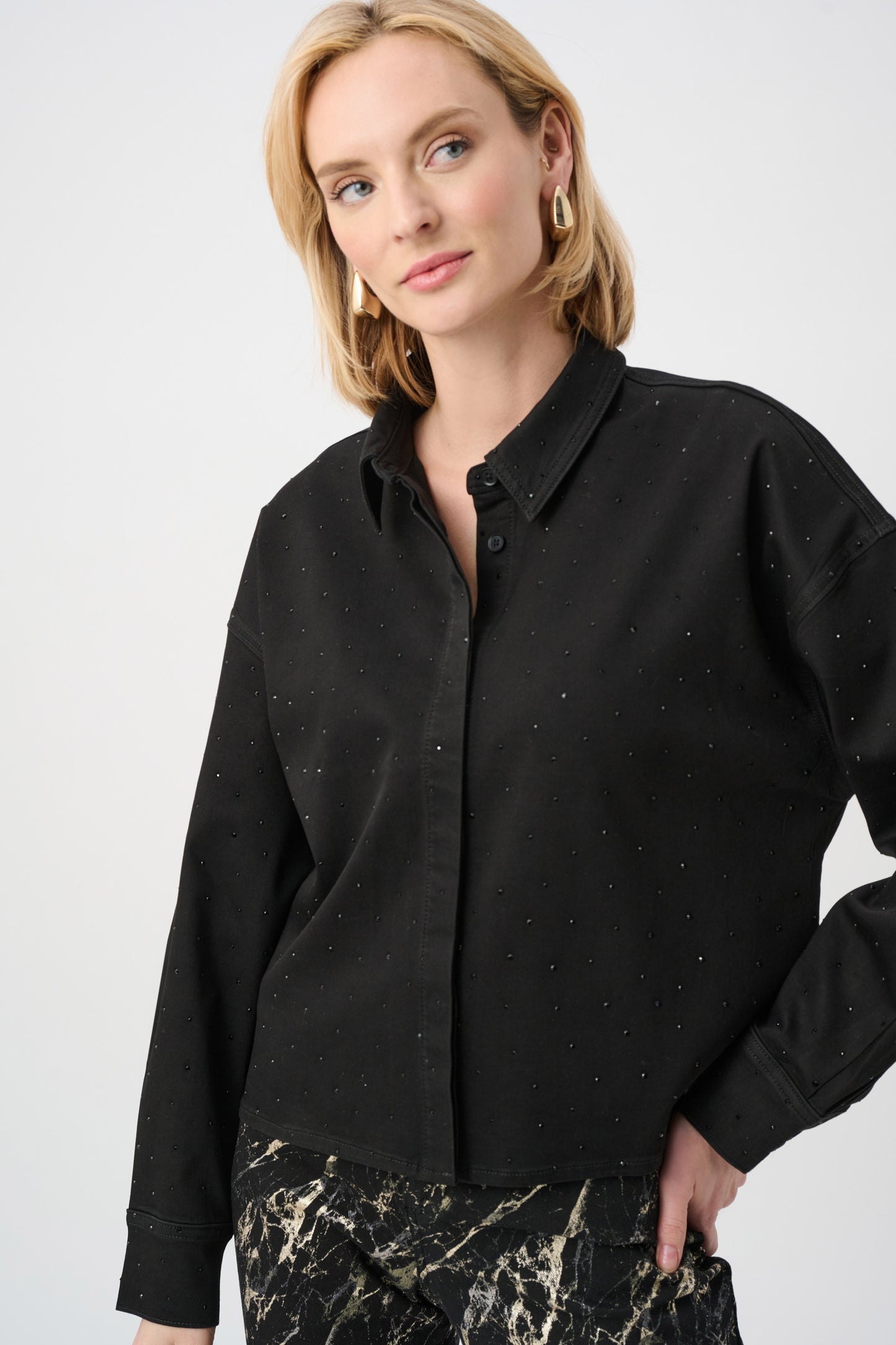 Joseph Ribkoff Featherweave Denim Cropped Blouse With Rhinestone Detail - 263965