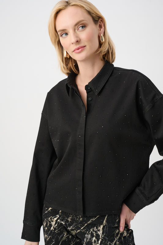 Joseph Ribkoff Featherweave Denim Cropped Blouse With Rhinestone Detail - 263965