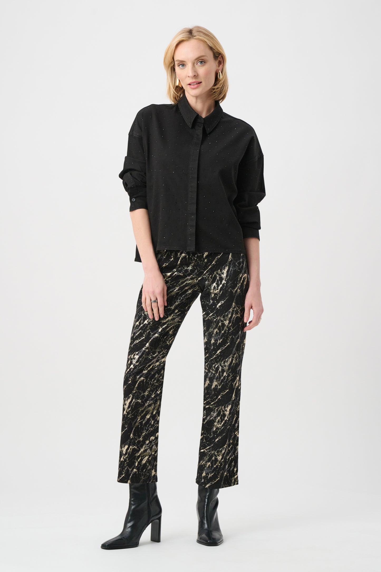 Joseph Ribkoff Featherweave Denim Cropped Blouse With Rhinestone Detail - 263965