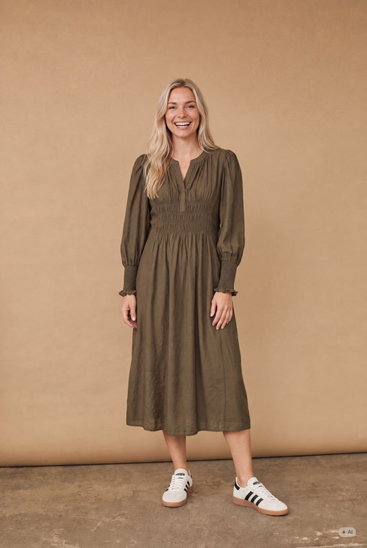 Isay Ane V-Neck Dress Dark Khaki
