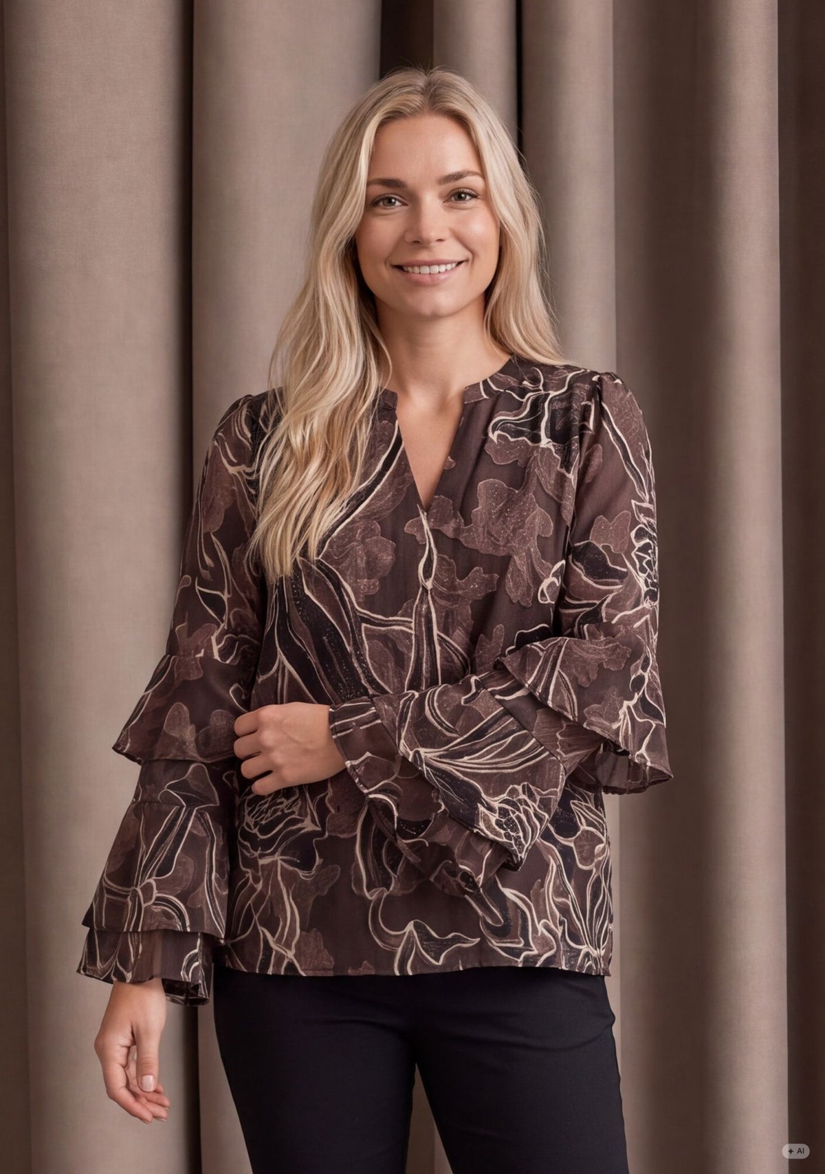 Isay Obi Flounce Bluse - Brun blomst
