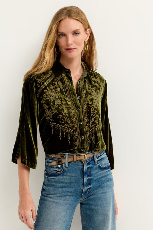 Johnny Was Kimono Laike Sleeve Button Down evergreen