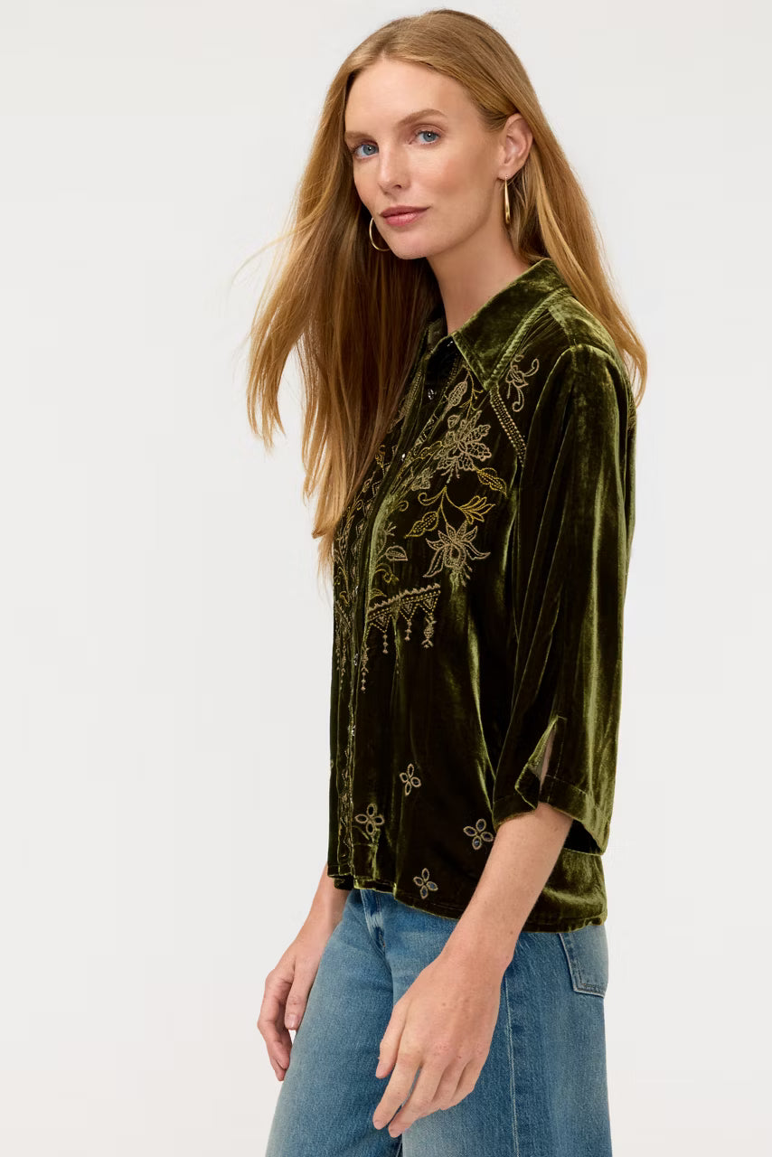Johnny Was Kimono Laike Sleeve Button Down evergreen