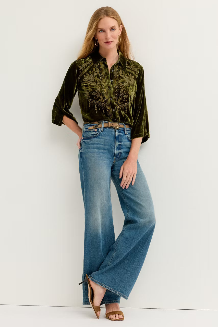 Johnny Was Kimono Laike Sleeve Button Down evergreen