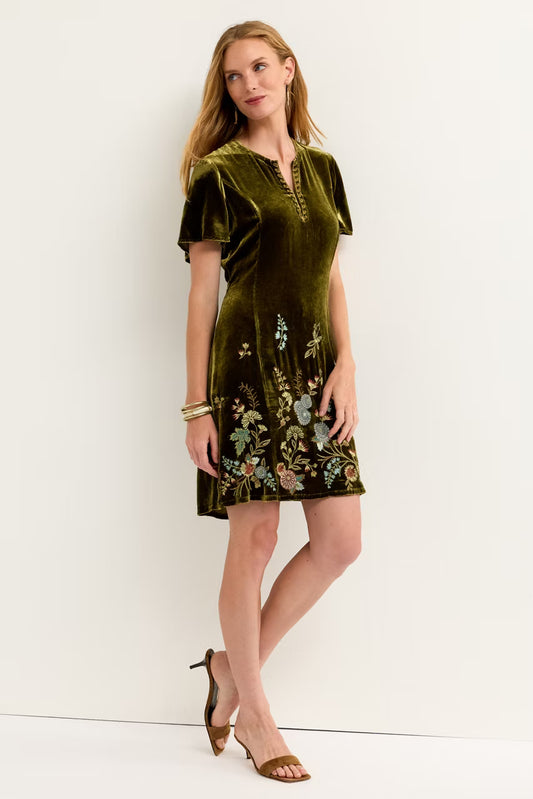 Johnny Was Flutter Sleeve Keyhole Dress evergreen