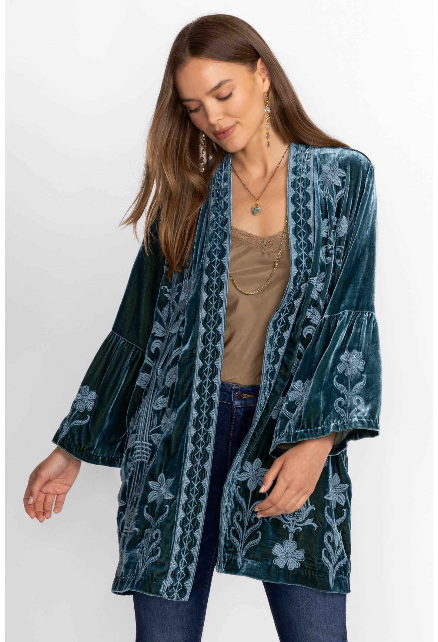 Johnny Was Velvet Ruffle Kimono Peacock