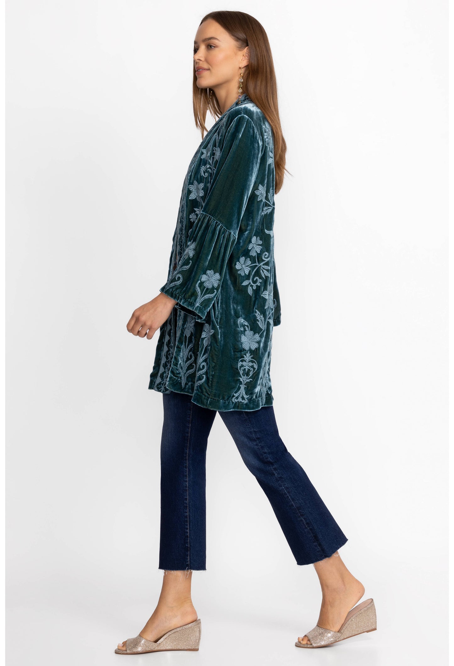 Johnny Was Velvet Ruffle Kimono Peacock