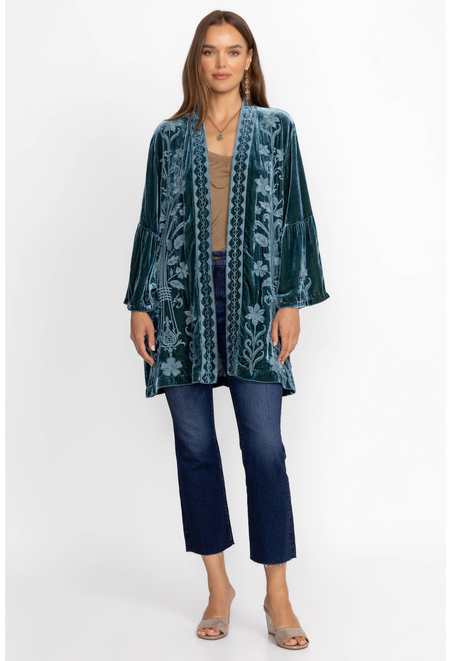 Johnny Was Velvet Ruffle Kimono Peacock