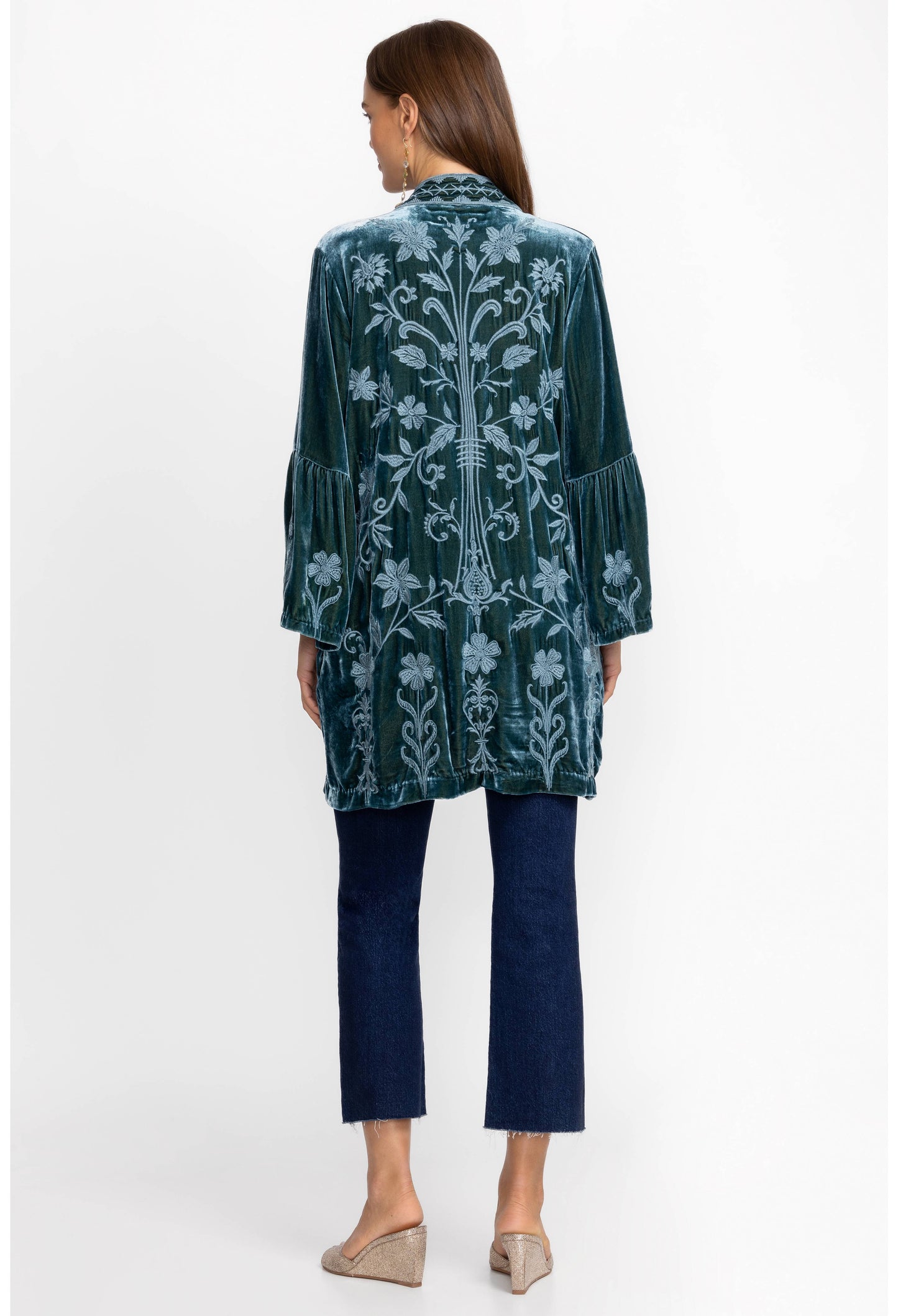 Johnny Was Velvet Ruffle Kimono Peacock