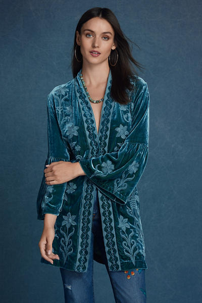 Johnny Was Velvet Ruffle Kimono Peacock